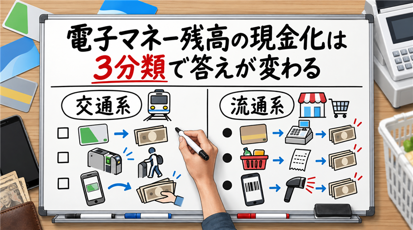 電子マネー残高の現金化は3分類で答えが変わる。交通系・QR決済・流通系の可否