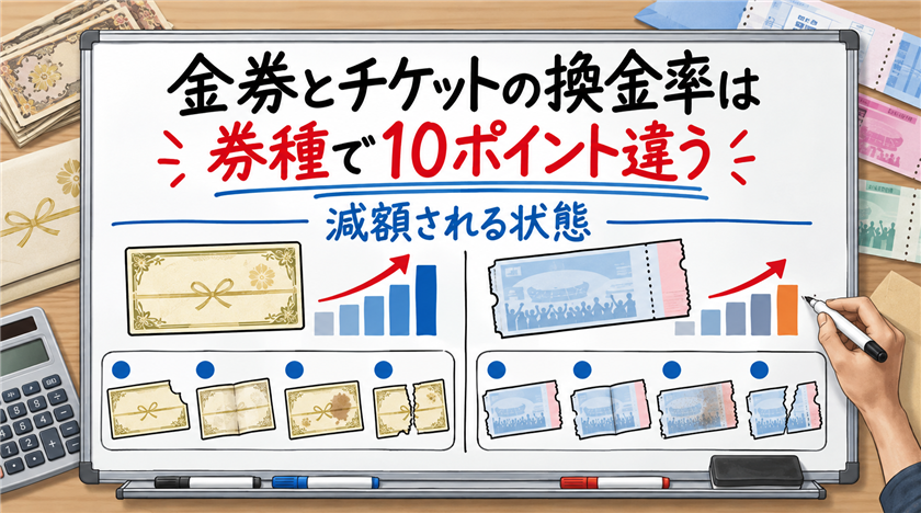 金券とチケットの換金率は券種で10ポイント違う。減額される状態と必要な身分証