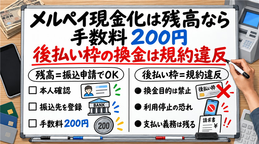 メルペイ現金化は残高なら手数料200円！後払い枠の換金が規約で禁止される理由