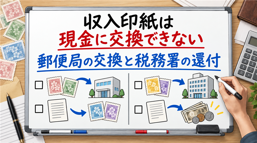 収入印紙は現金に交換できない。郵便局の交換と税務署の還付と買取の使い分け