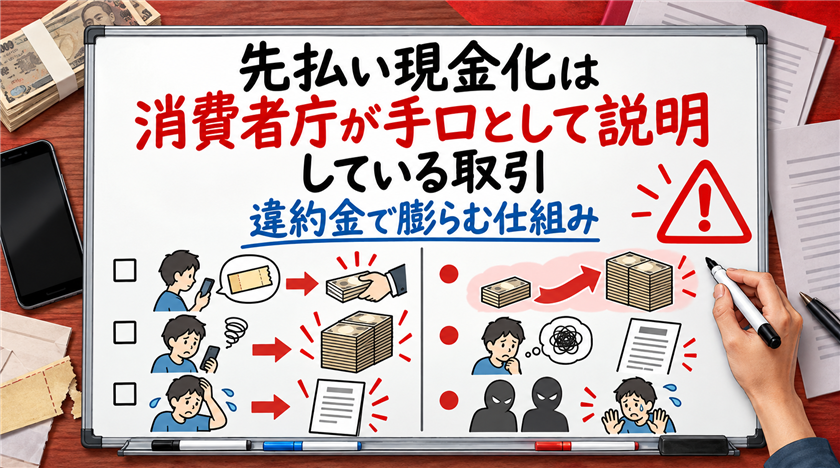 先払い現金化は消費者庁が手口として説明している取引。違約金で膨らむ仕組み