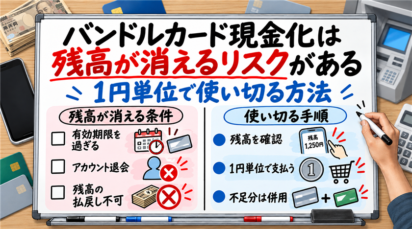 バンドルカード現金化は残高が消えるリスクがある！1円単位で使い切る公式の方法