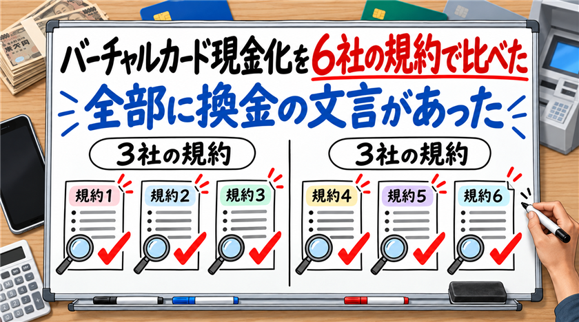 バーチャルカード現金化を6社の規約で比べたら全部に換金の文言があった